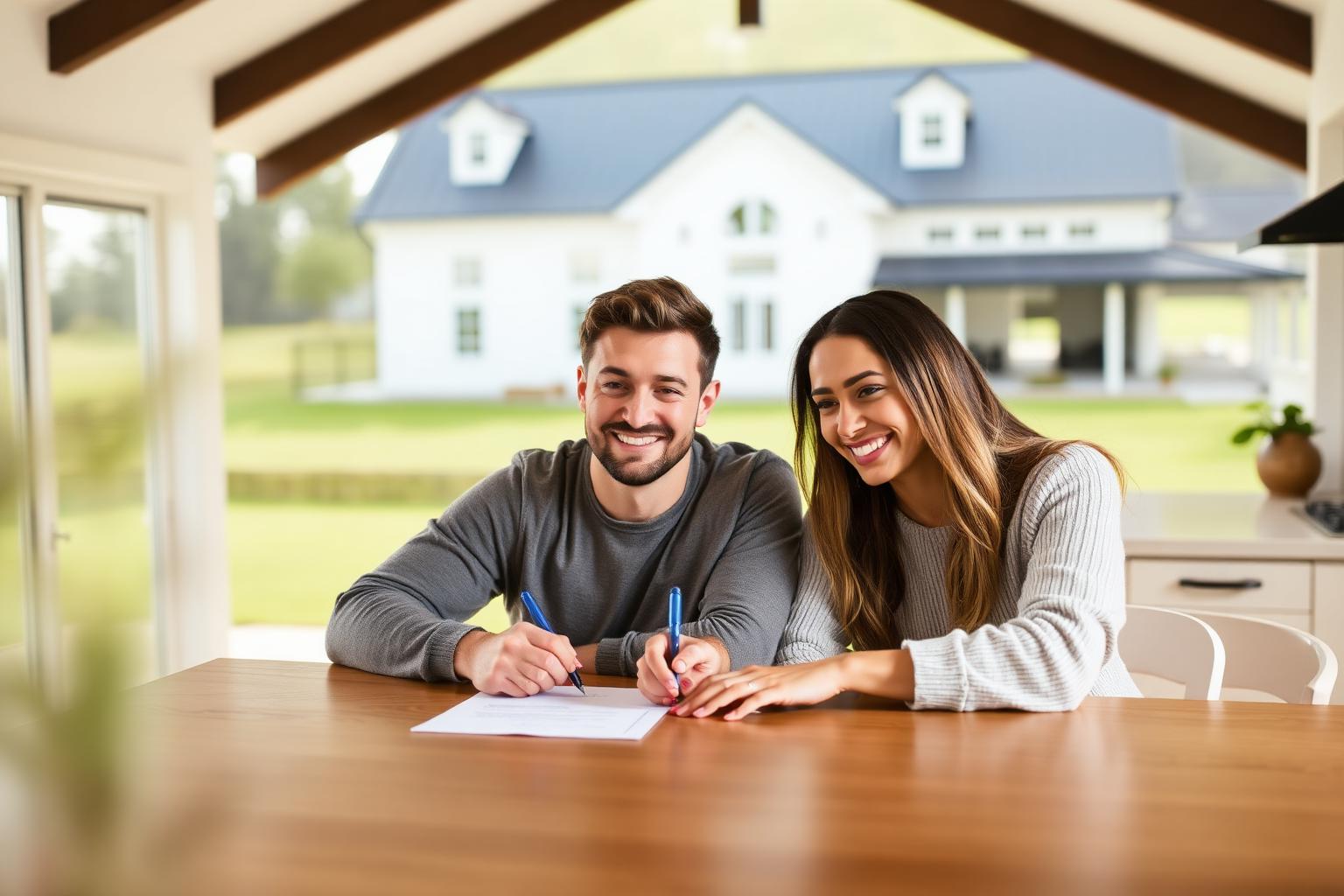 A couple signing paperwork at home